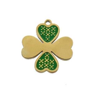 Stainless Steel Clover Charms Pendant Green Enamel Gold Plated, approx 16mm