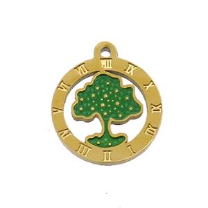 Stainless Steel Tree Pendant Green Enamel Gold Plated, approx 15mm dia