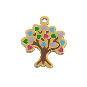 Stainless Steel Tree Pendant Multicolor Enamel Gold Plated, approx 14-15mm