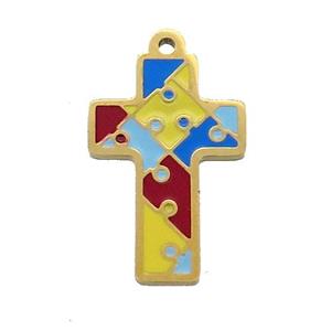 Stainless Steel Cross Pendant Multicolor Enamel Gold Plated, approx 15-21mm