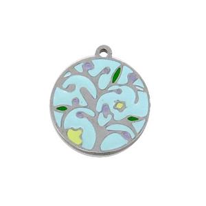 Raw Stainless Steel Circle Pendant Tree Of Life Multicolor Enamel, approx 16.5mm dia