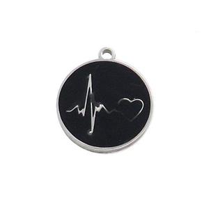 Raw Stainless Steel Circle Heartbeat Pendant Black Enamel, approx 15mm dia