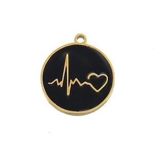 Stainless Steel Circle Heartbeat Pendant Black Enamel Gold Plated, approx 15mm dia