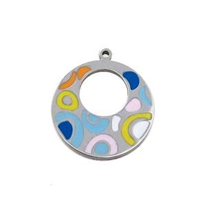 Raw Stainless Steel GoGo Charm Pendant Multicolor Enamel, approx 15mm dia