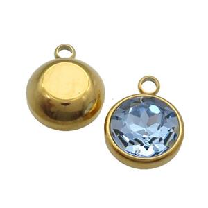 Stainless Steel Button Pendant Pave Blue Crystal Gold Plated, approx 10mm