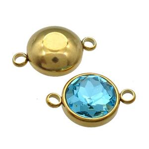 Stainless Steel Button Connector Pave Aqua Crystal Gold Plated, approx 12mm