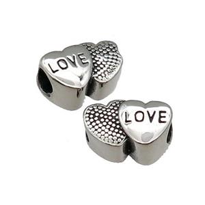 Stainless Steel Heart Beads LOVE Large Hole Antique Silver, approx 10-15.5mm, 5mm hole