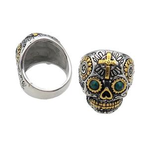 Stainless Steel Skull Ring Pave Rhinestone Antique Gold, approx 22-24mm
