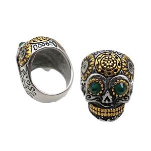 Stainless Steel Skull Ring Pave Rhinestone Antique Gold, approx 22-28mm