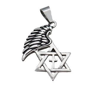 Stainless Steel David Star Wing Pendant Antique Silver, approx 38-45mm
