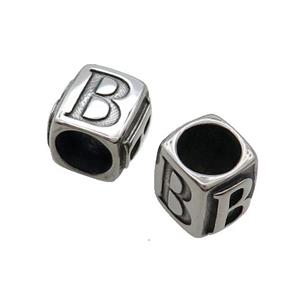 Stainless Steel Cube Paracord Beads Letter-B Large Hole Antique Silver, approx 10-12.5mm, 8mm hole