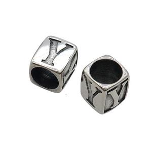 Stainless Steel Cube Beads Letter-Y Large Hole Antique Silver, approx 10-12.5mm, 8mm hole