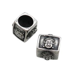 Stainless Steel Cube Beads Buddha Large Hole Antique Silver, approx 14mm, 8mm hole