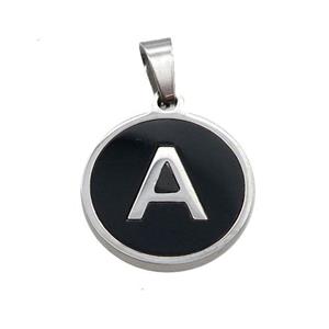 Raw Stainless Steel Pendant Pave Black Agate Letter-A, approx 15mm dia
