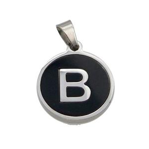 Raw Stainless Steel Pendant Pave Black Agate Letter-B, approx 15mm dia