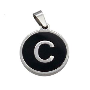 Raw Stainless Steel Pendant Pave Black Agate Letter-C, approx 15mm dia