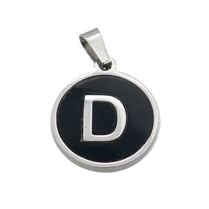 Raw Stainless Steel Pendant Pave Black Agate Letter-D, approx 15mm dia
