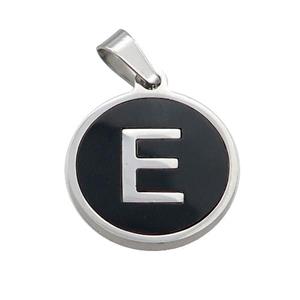 Raw Stainless Steel Pendant Pave Black Agate Letter-E, approx 15mm dia