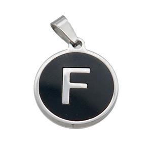 Raw Stainless Steel Pendant Pave Black Agate Letter-F, approx 15mm dia