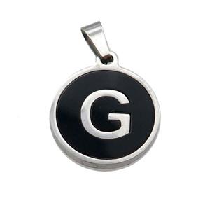 Raw Stainless Steel Pendant Pave Black Agate Letter-G, approx 15mm dia