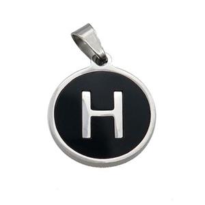 Raw Stainless Steel Pendant Pave Black Agate Letter-H, approx 15mm dia
