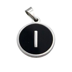 Raw Stainless Steel Pendant Pave Black Agate Letter-I, approx 15mm dia
