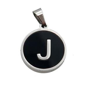 Raw Stainless Steel Pendant Pave Black Agate Letter-J, approx 15mm dia