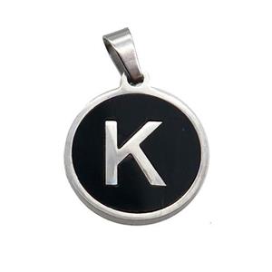 Raw Stainless Steel Pendant Pave Black Agate Letter-K, approx 15mm dia