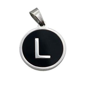 Raw Stainless Steel Pendant Pave Black Agate Letter-L, approx 15mm dia