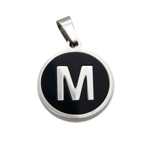 Raw Stainless Steel Pendant Pave Black Agate Letter-M, approx 15mm dia