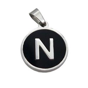 Raw Stainless Steel Pendant Pave Black Agate Letter-N, approx 15mm dia