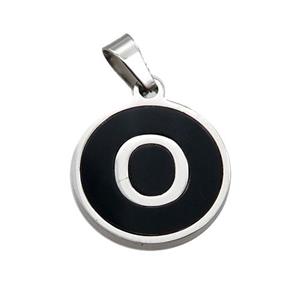 Raw Stainless Steel Pendant Pave Black Agate Letter-O, approx 15mm dia