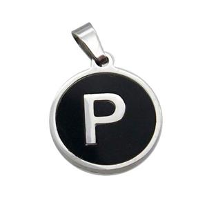Raw Stainless Steel Pendant Pave Black Agate Letter-P, approx 15mm dia