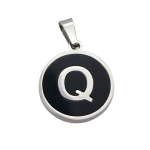Raw Stainless Steel Pendant Pave Black Agate Letter-Q, approx 15mm dia