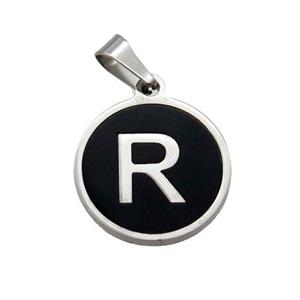 Raw Stainless Steel Pendant Pave Black Agate Letter-R, approx 15mm dia