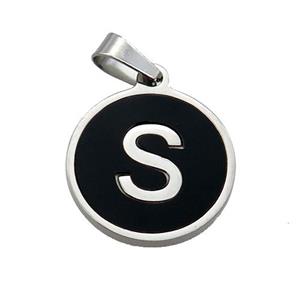 Raw Stainless Steel Pendant Pave Black Agate Letter-S, approx 15mm dia