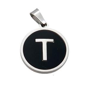 Raw Stainless Steel Pendant Pave Black Agate Letter-T, approx 15mm dia