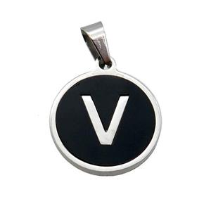 Raw Stainless Steel Pendant Pave Black Agate Letter-V, approx 15mm dia