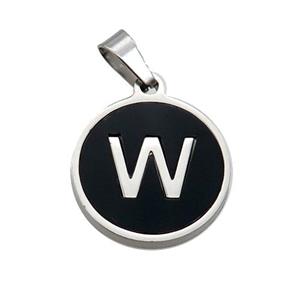 Raw Stainless Steel Pendant Pave Black Agate Letter-W, approx 15mm dia