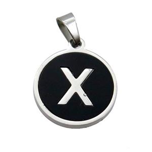 Raw Stainless Steel Pendant Pave Black Agate Letter-X, approx 15mm dia