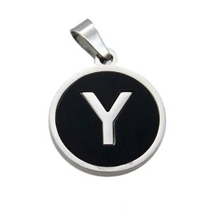 Raw Stainless Steel Pendant Pave Black Agate Letter-Y, approx 15mm dia