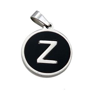 Raw Stainless Steel Pendant Pave Black Agate Letter-Z, approx 15mm dia