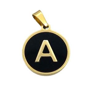 Stainless Steel Pendant Pave Black Agate Letter-A Gold Plated, approx 15mm dia