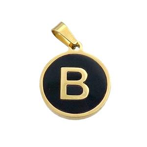 Stainless Steel Pendant Pave Black Agate Letter-B Gold Plated, approx 15mm dia