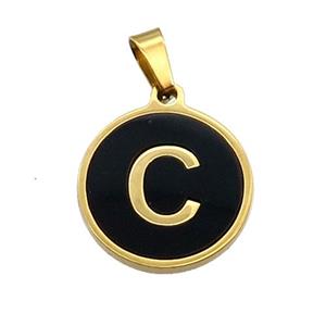 Stainless Steel Pendant Pave Black Agate Letter-C Gold Plated, approx 15mm dia