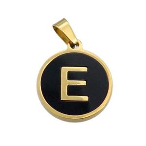 Stainless Steel Pendant Pave Black Agate Letter-E Gold Plated, approx 15mm dia