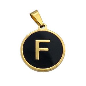Stainless Steel Pendant Pave Black Agate Letter-F Gold Plated, approx 15mm dia