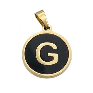Stainless Steel Pendant Pave Black Agate Letter-G Gold Plated, approx 15mm dia