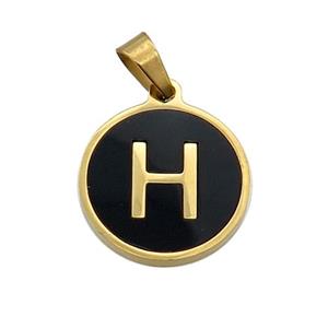 Stainless Steel Pendant Pave Black Agate Letter-H Gold Plated, approx 15mm dia