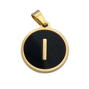 Stainless Steel Pendant Pave Black Agate Letter-I Gold Plated, approx 15mm dia